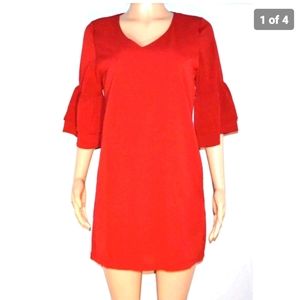 BELONGSCI Women's V-Neck Bell Sleeve Shift Mini Orange Dress Sz.M